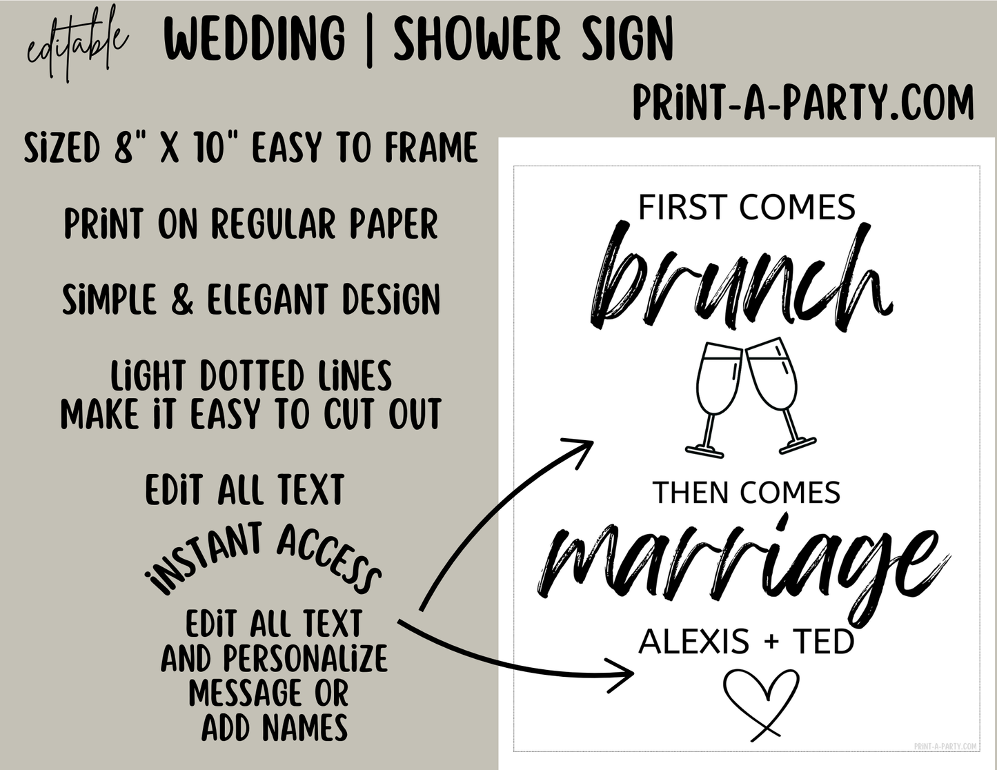EDITABLE WEDDING EVENT SIGN: FIRST COMES BRUNCH, THEN COMES MARRIAGE | Brunch Wedding Sign | Bridal Shower Brunch Sign