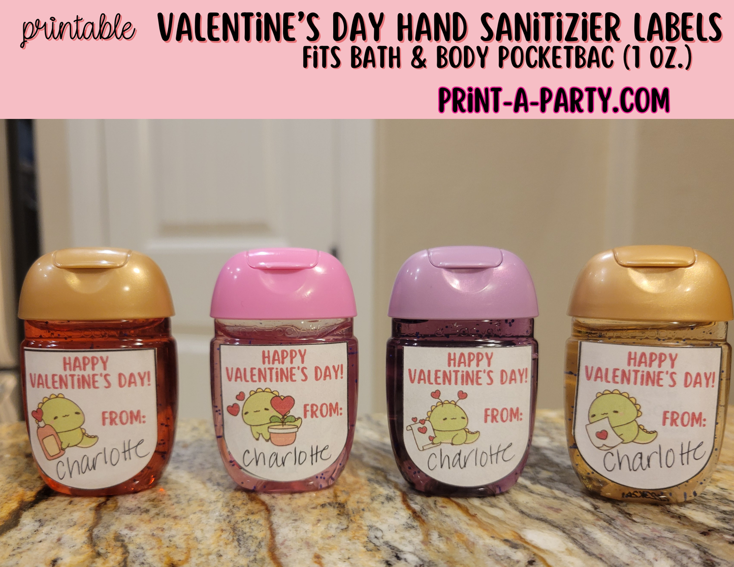 DIY Valentine’s Day Hand Sanitizer Labels -Dinosaur theme – Printable Classroom Valentines for PocketBac 1 oz Bottles