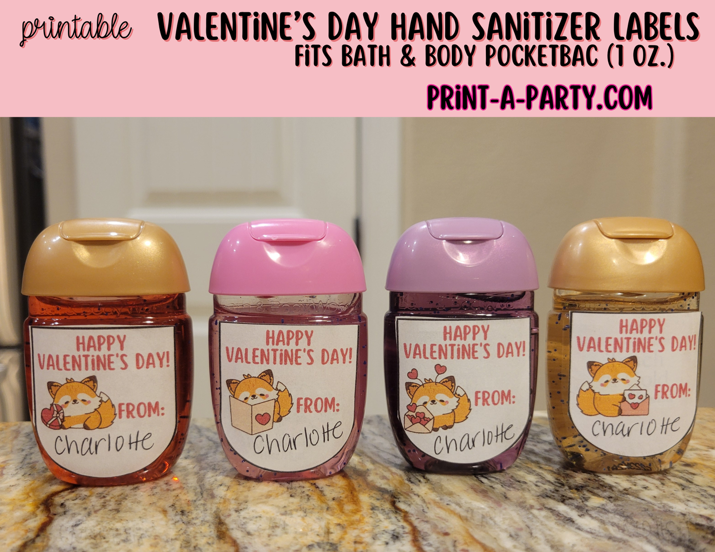 DIY Valentine’s Day Hand Sanitizer Labels - Fox theme – Printable Classroom Valentines for PocketBac 1 oz Bottles
