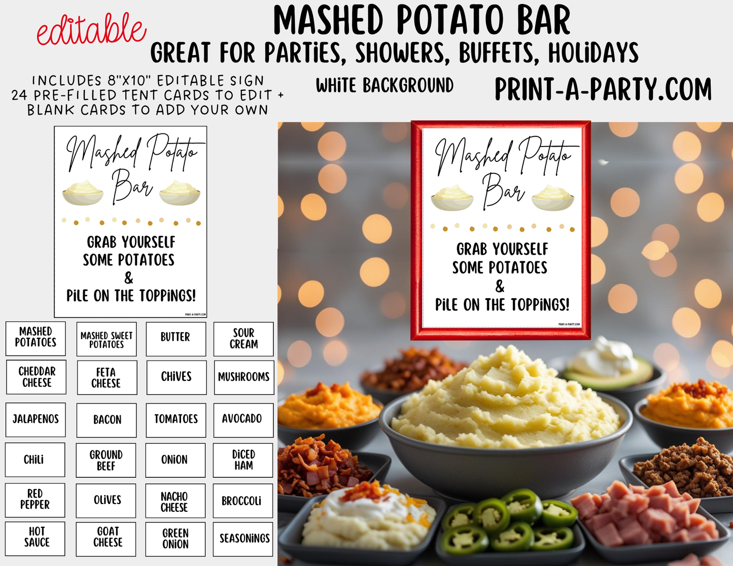 Editable MASHED POTATO BAR - Sign and Food Labels Template White - Perfect for Parties, Showers, Birthdays or Holidays