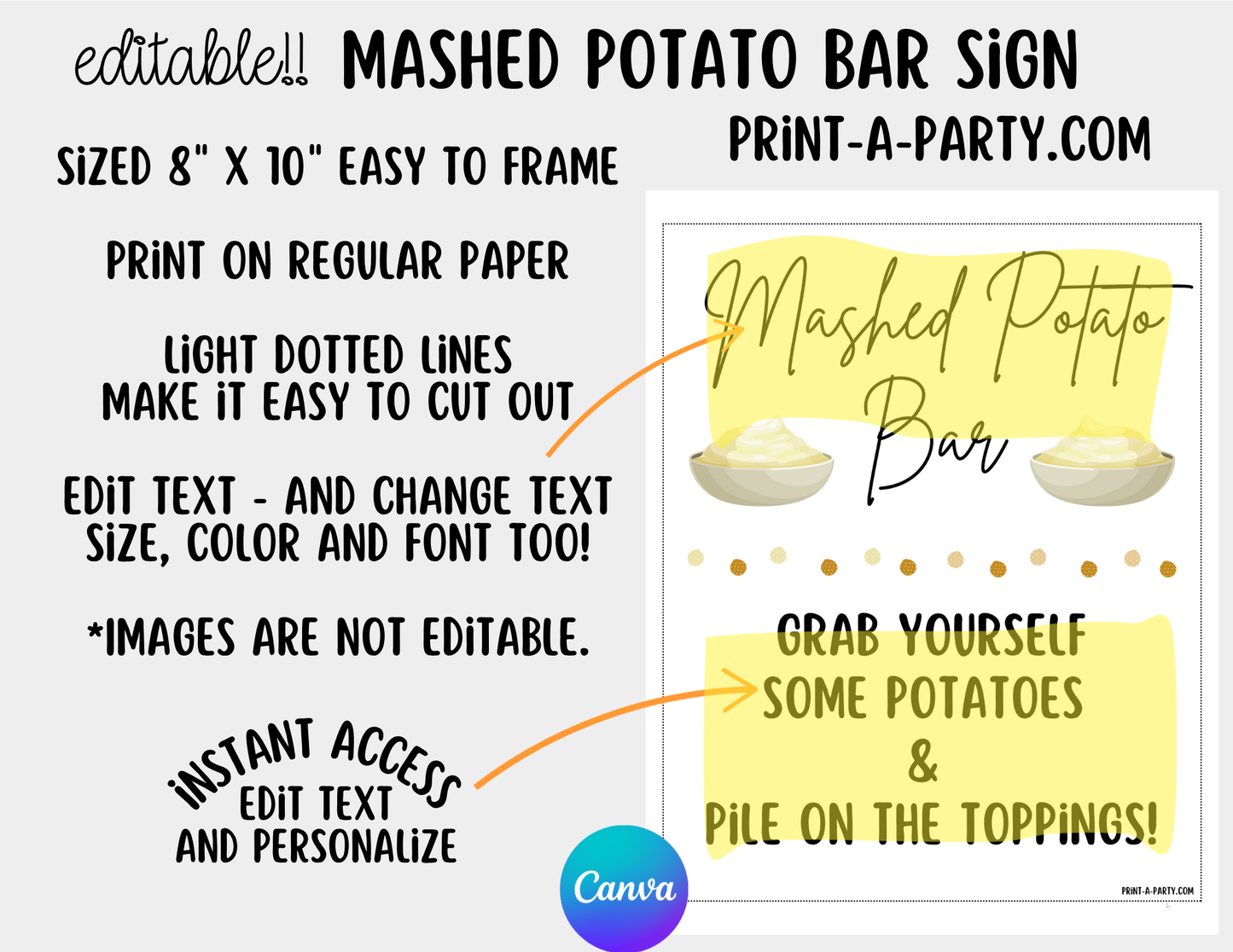 Editable MASHED POTATO BAR - Sign and Food Labels Template White - Perfect for Parties, Showers, Birthdays or Holidays