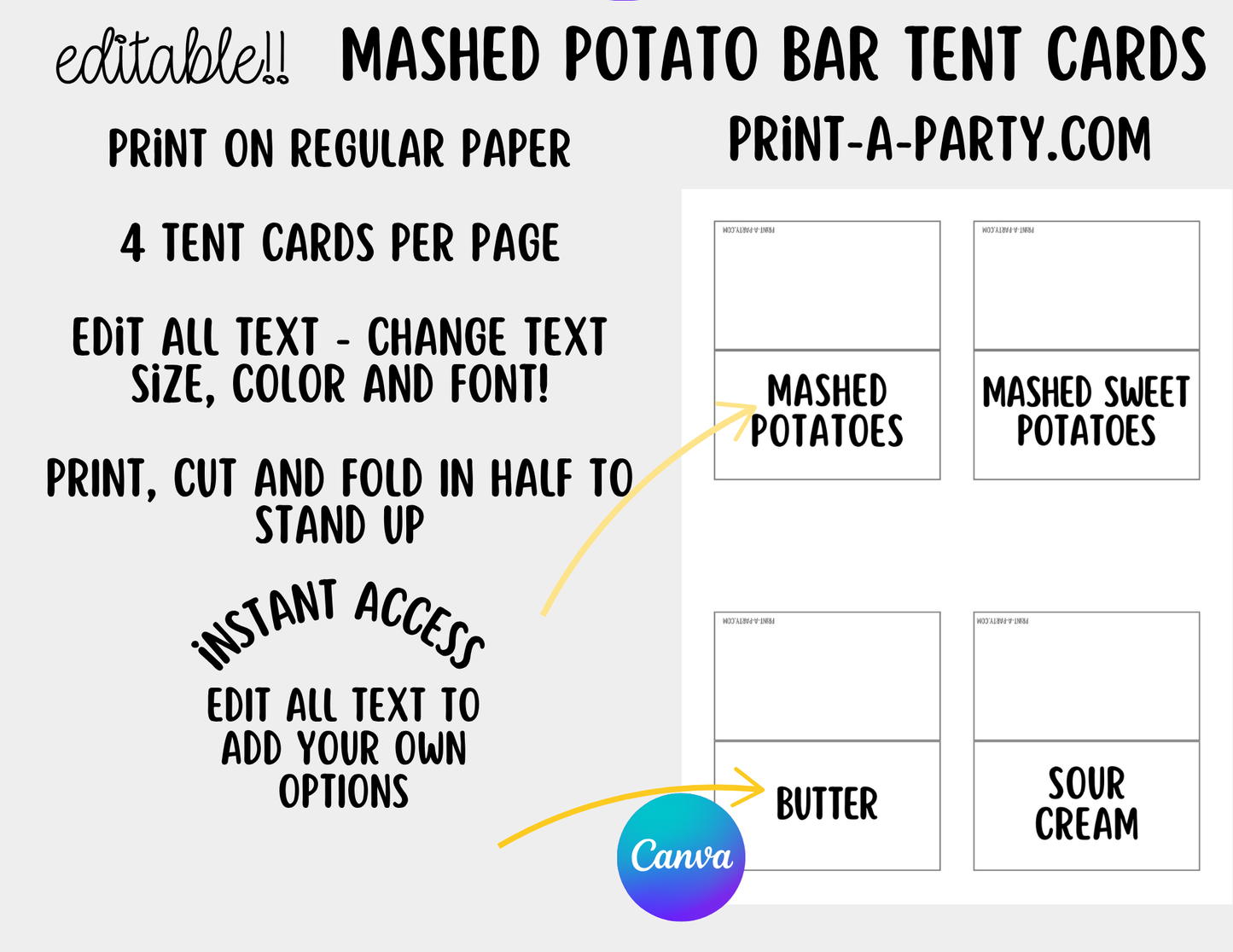 Editable MASHED POTATO BAR - Sign and Food Labels Template White - Perfect for Parties, Showers, Birthdays or Holidays