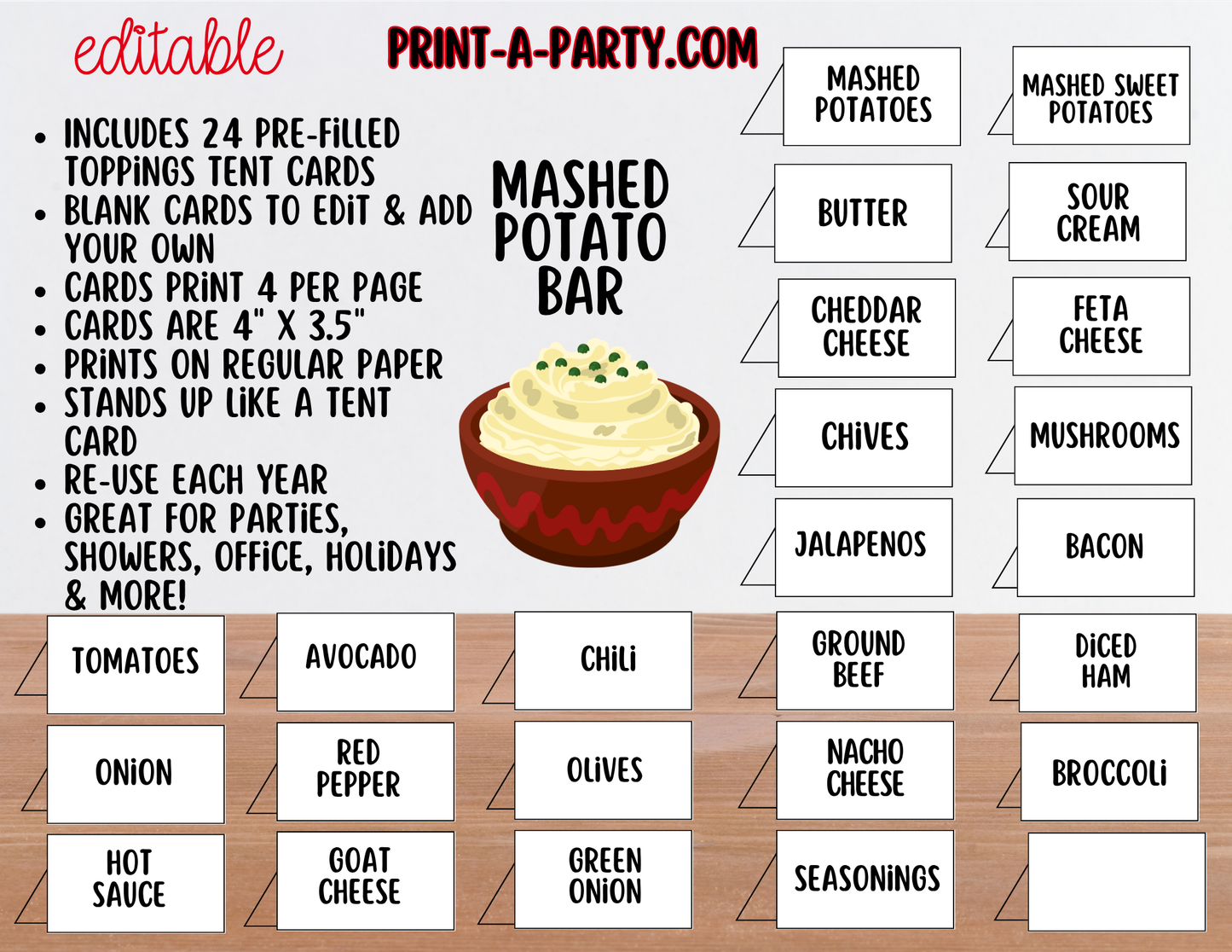Editable MASHED POTATO BAR - Sign and Food Labels Template White - Perfect for Parties, Showers, Birthdays or Holidays