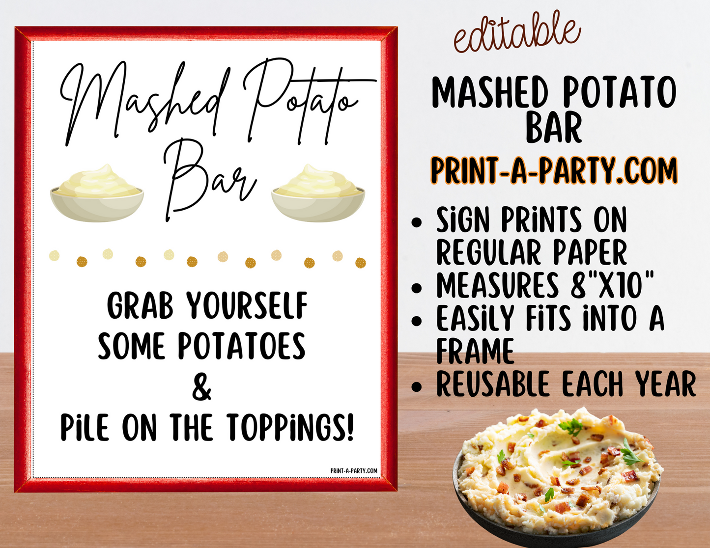 Editable MASHED POTATO BAR - Sign and Food Labels Template White - Perfect for Parties, Showers, Birthdays or Holidays
