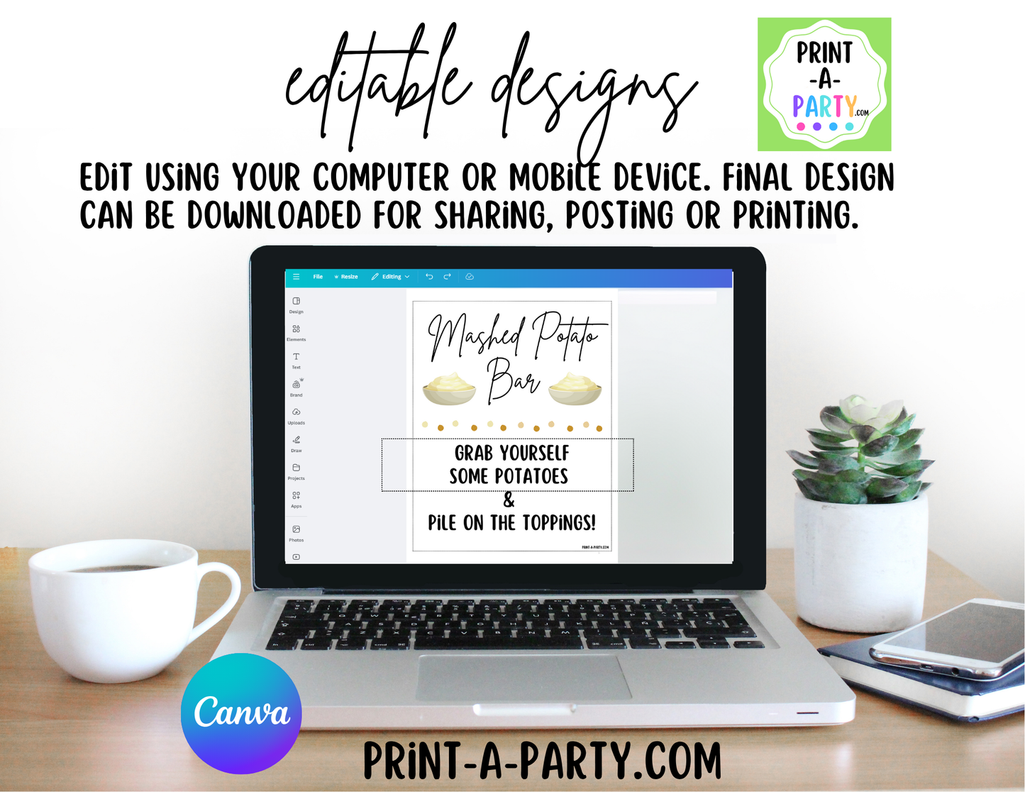 Editable MASHED POTATO BAR - Sign and Food Labels Template White - Perfect for Parties, Showers, Birthdays or Holidays