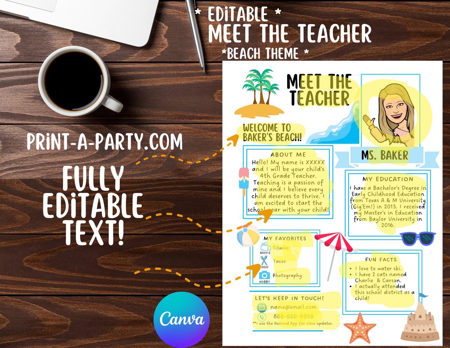 Meet the Teacher Editable Template – BEACH Theme Printable for Teacher Introduction, Teacher Information, Back To School , First Day of School