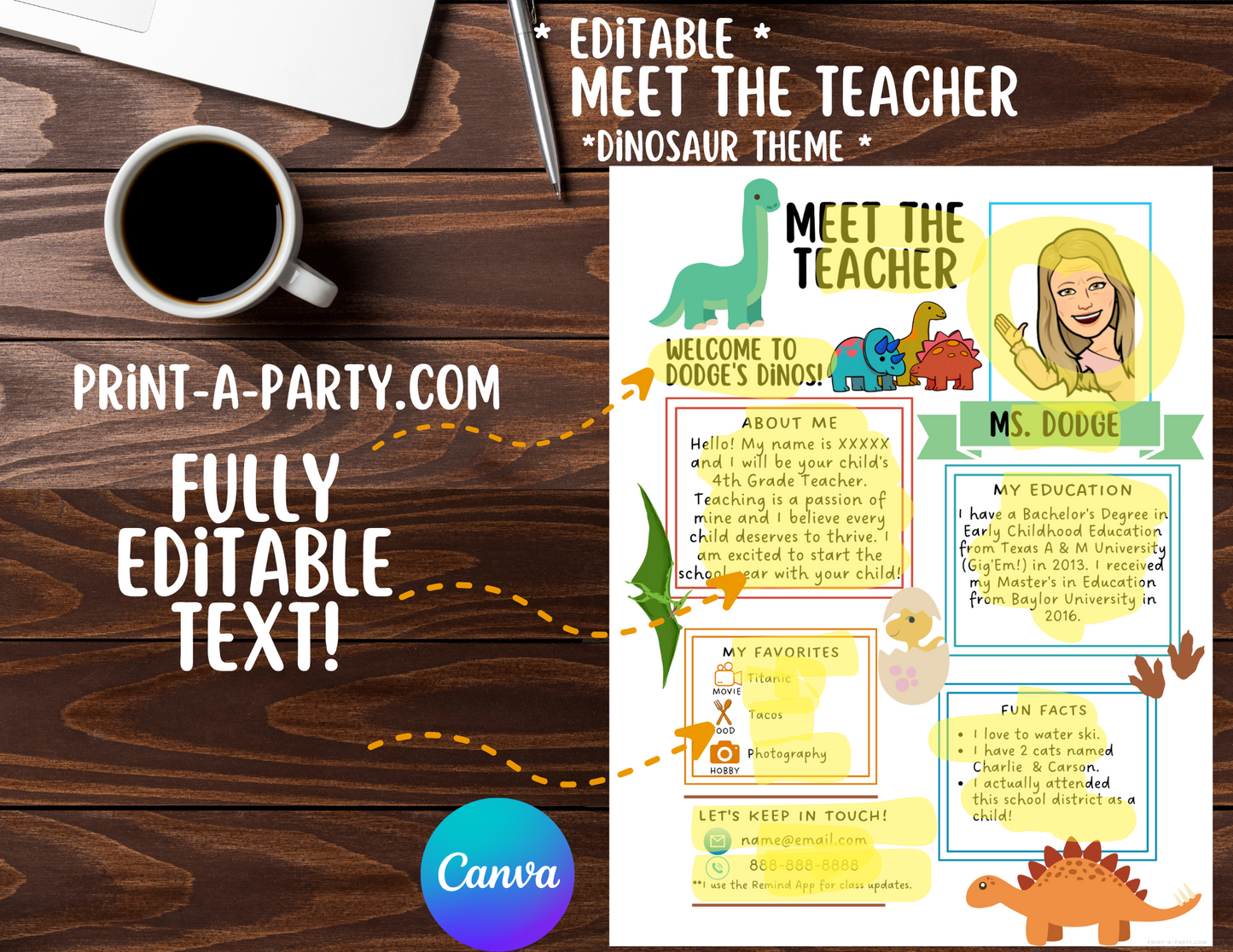Meet the Teacher Editable Template – DINOSAUR Theme Printable for Teacher Introduction, Teacher Information, Back To School , First Day of School