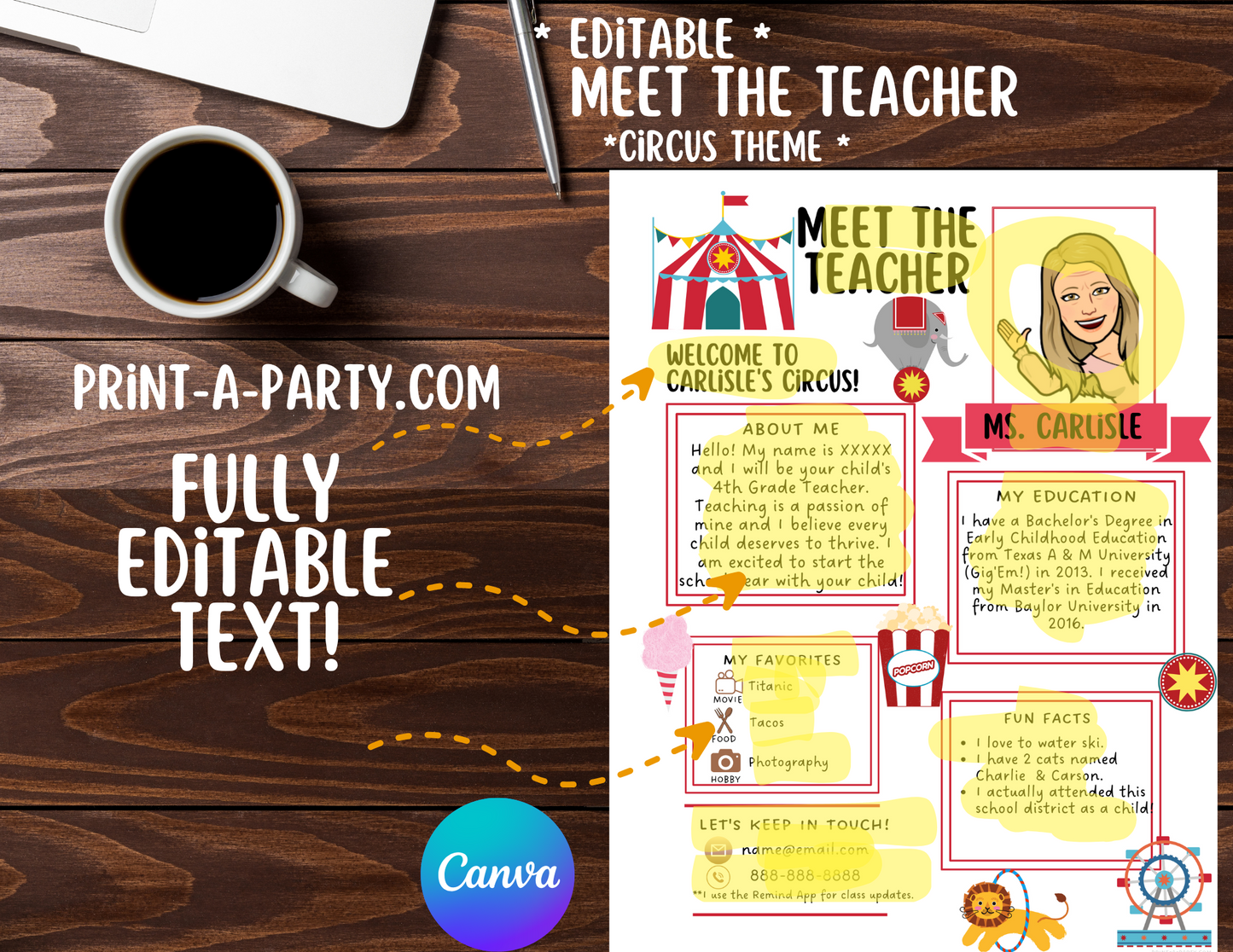 Meet the Teacher Editable Template – CIRCUS Theme Printable for Teacher Introduction, Teacher Information, Back To School , First Day of School