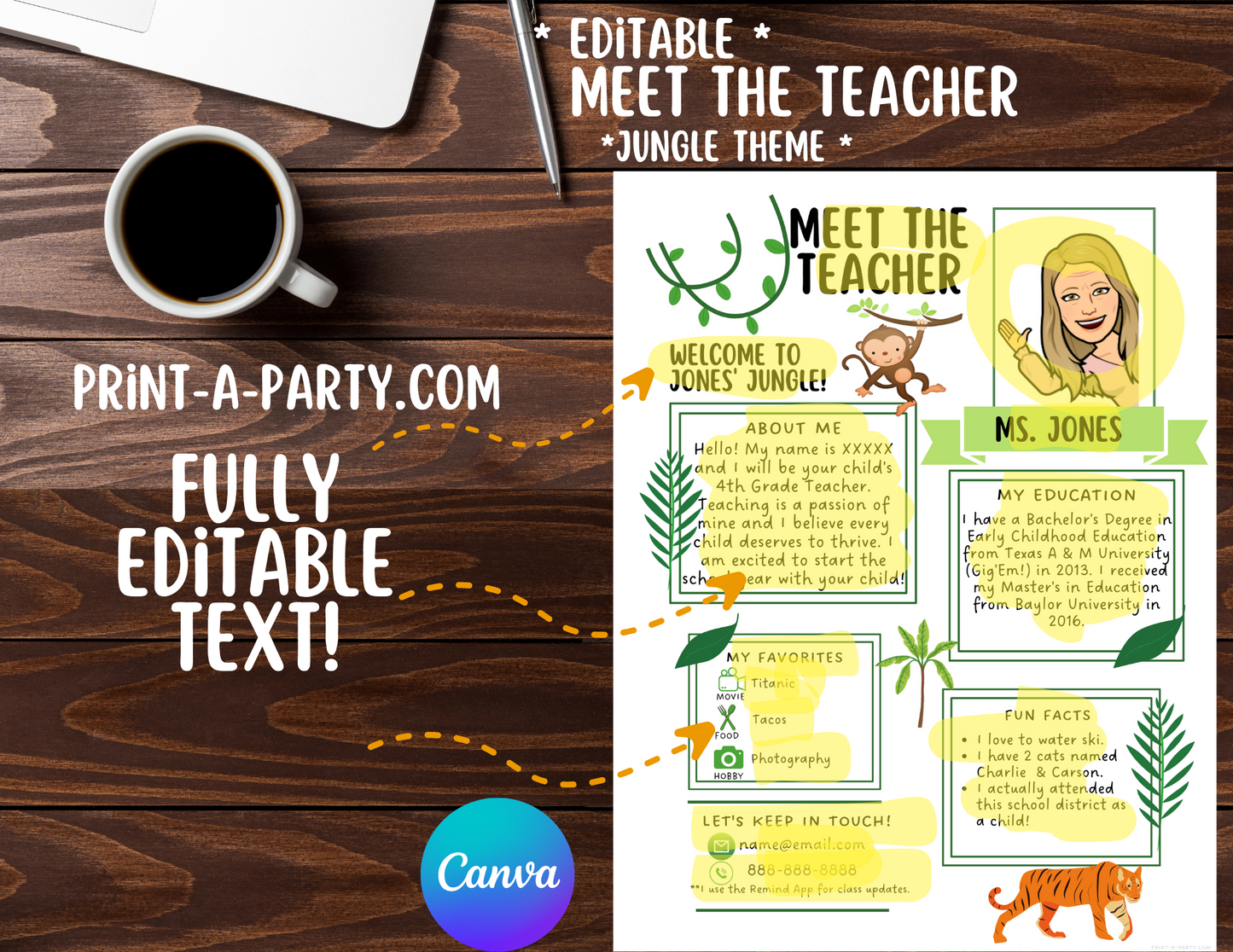 Meet the Teacher Editable Template – JUNGLE Theme Printable for Teacher Introduction, Teacher Information, Back To School , First Day of School