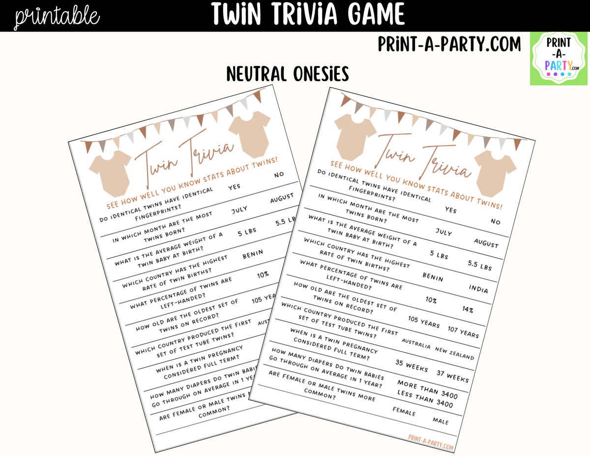Twin Baby Shower Trivia Game Printable