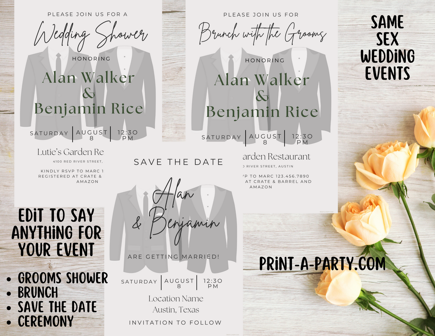 Wedding Event Invitation Template - LGBTQ+ Grooms Shower, Brunch, Save The Date, Bro Bath, Guys Shower, Same-sex wedding