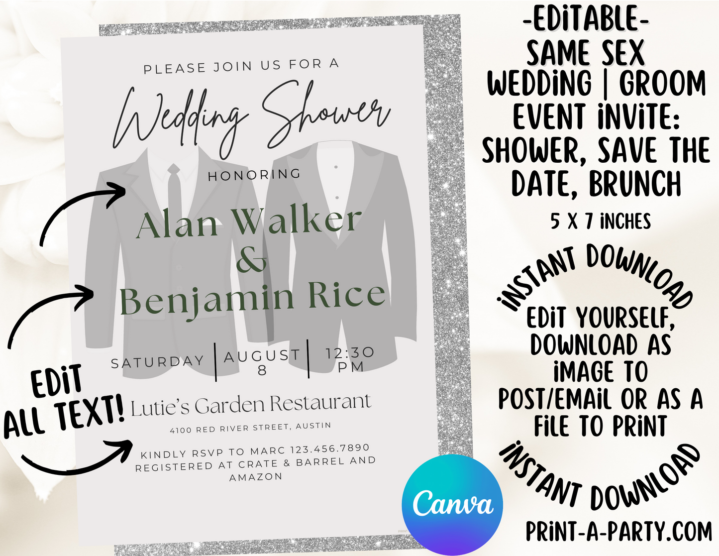 Wedding Event Invitation Template - LGBTQ+ Grooms Shower, Brunch, Save The Date, Bro Bath, Guys Shower, Same-sex wedding