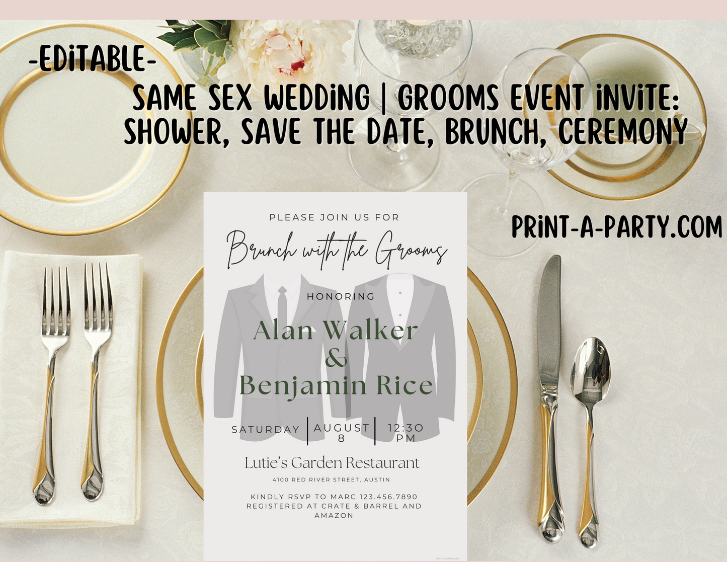 Wedding Event Invitation Template - LGBTQ+ Grooms Shower, Brunch, Save The Date, Bro Bath, Guys Shower, Same-sex wedding