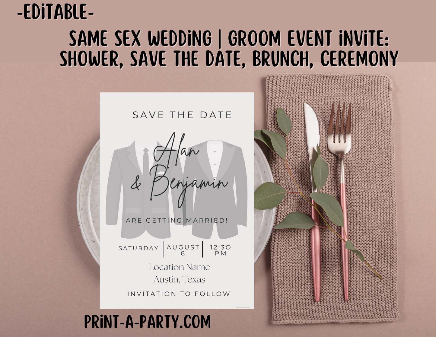 Wedding Event Invitation Template - LGBTQ+ Grooms Shower, Brunch, Save The Date, Bro Bath, Guys Shower, Same-sex wedding