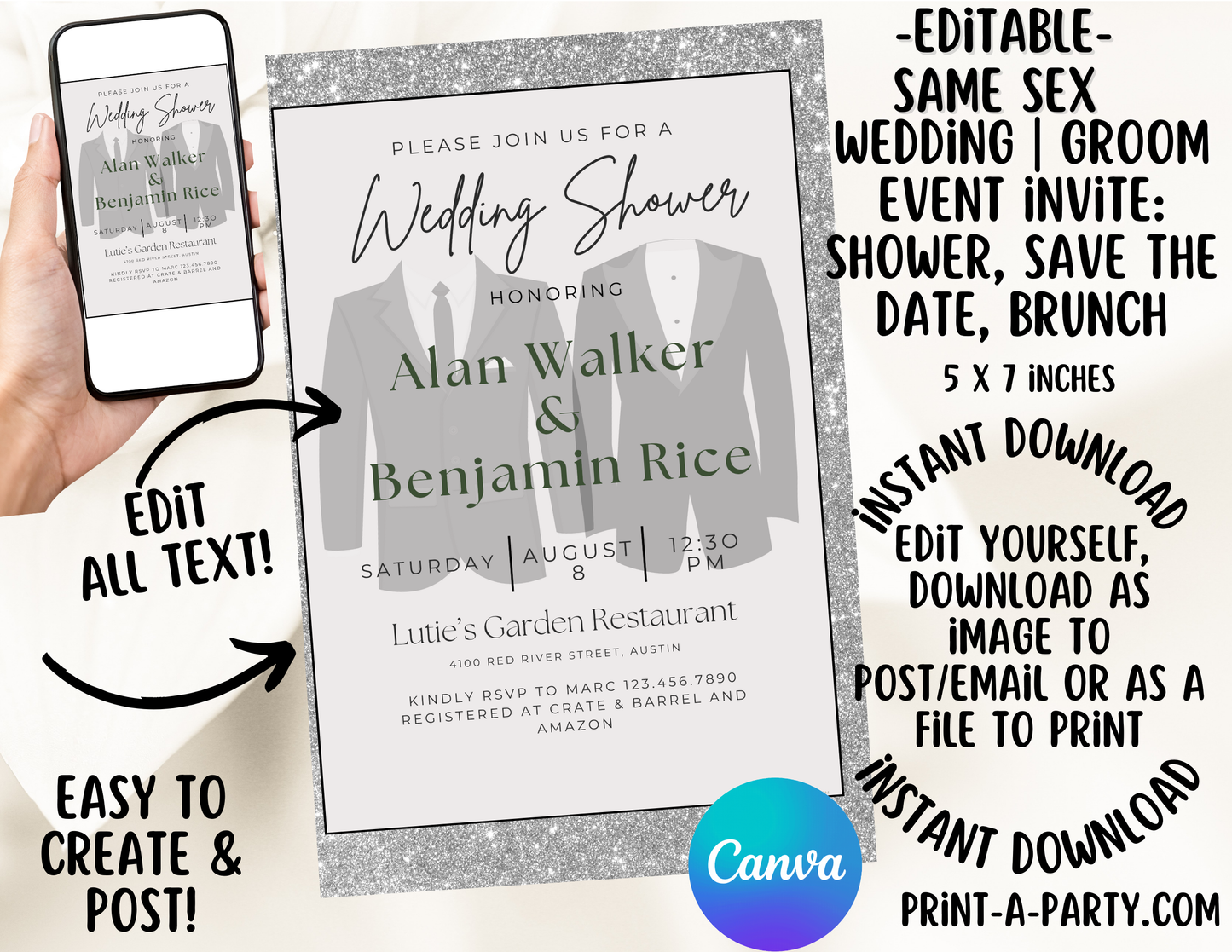 EDITABLE WEDDING EVENT INVITATION: SAME SEX Grooms Shower, Brunch, Save The Date, Editable Invite for posting or printing | Bro Bath | Guys Shower | Gay Wedding