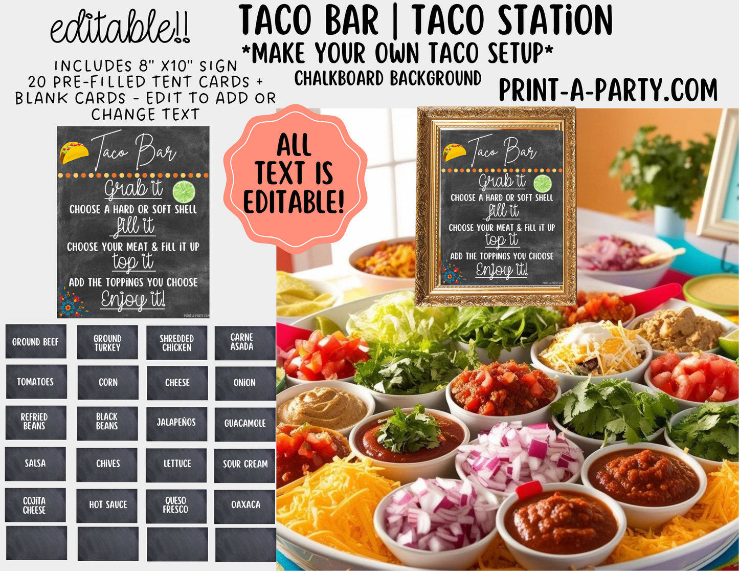 EDITABLE TACO BAR | TACO STATION Setup - CHALKBOARD | Make your own Tacos Sign | Taco Station Setup for parties, events, office, holidays and more!