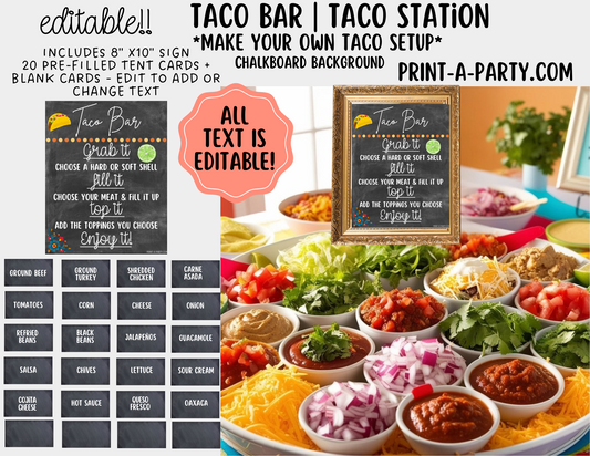 Editable TACO BAR - Chalkboard Sign and Toppings Label Templates for parties, showers, events, office, holidays and more!