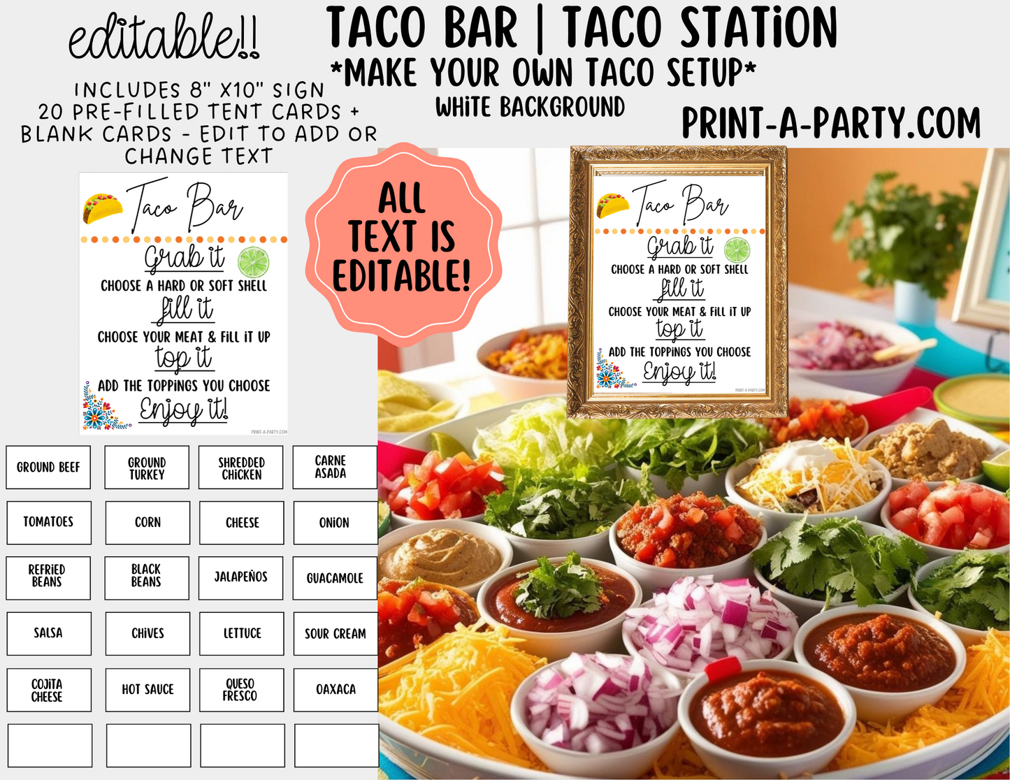 EDITABLE TACO BAR | TACO STATION Setup - WHITE | Make your own Tacos Sign | Taco Station Setup for parties, events, office, holidays and more!