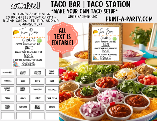 Editable TACO BAR - White Sign and Toppings Label Templates for parties, showers, events, office, holidays and more!