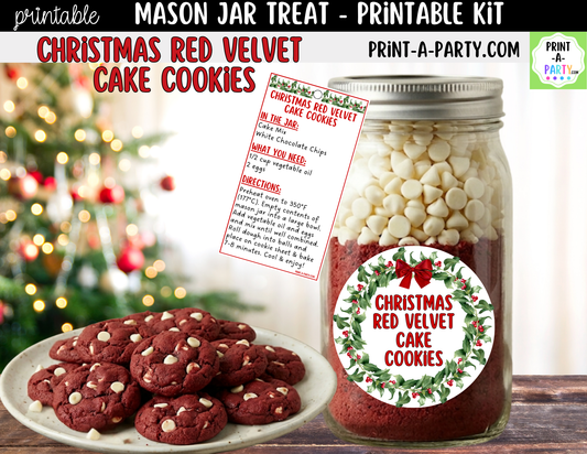 Christmas Red Velvet Cake Cookies in a Mason Jar Gift Printable Kit - Labels, Tag, Recipe & Instructions