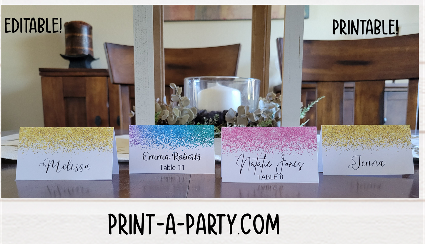 DIY Printable or Editable Buffet Food Label Cards or Seating Place Cards | GLITTER Theme Designs | Place Card Signs | Buffet Labels | Food Labels | Party Labels | Birthdays | Weddings | Showers | Babies
