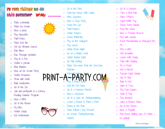 75 Summer Activities Checklist Printable - FREE INSTANT DOWNLOAD