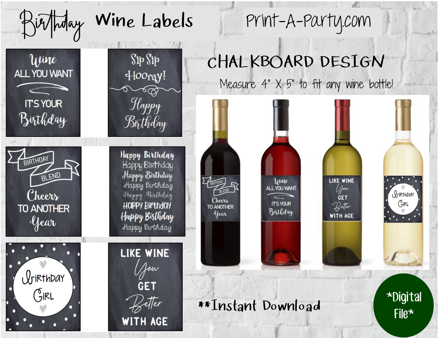 WINE LABELS: Birthday Wine (6) - INSTANT DOWNLOAD - Pick your design