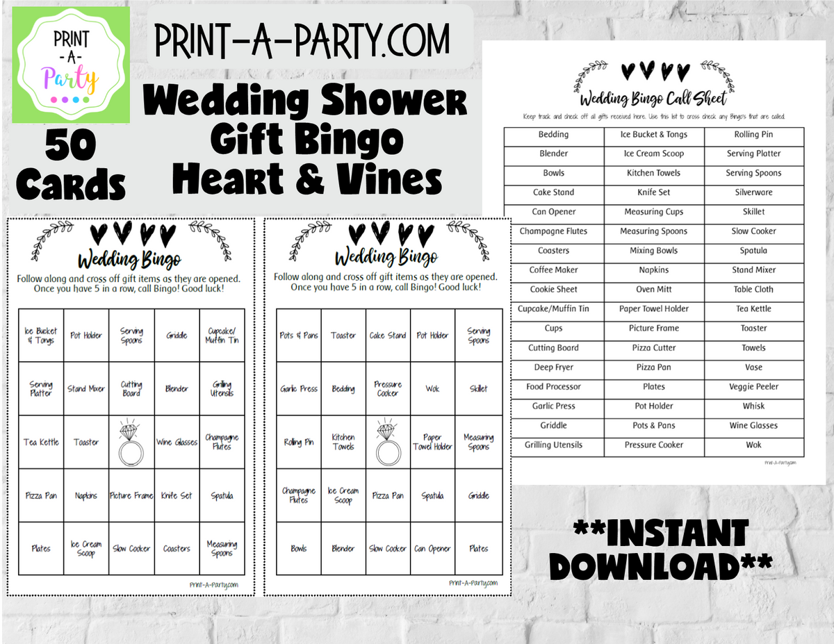 Set of 5 Bridal Shower Games for 50 Guests, Bridal Bingo Cards, 50 Sheets/  Game