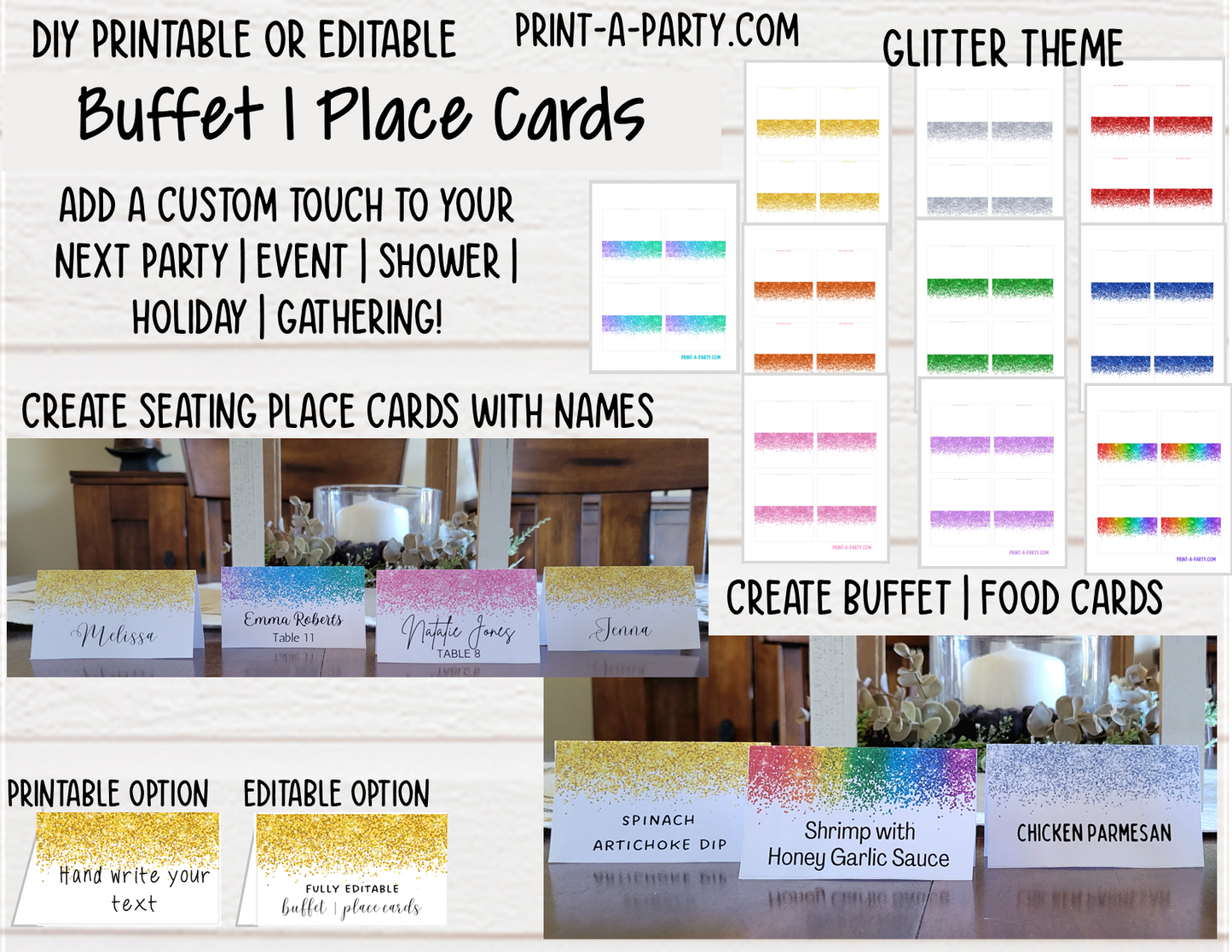DIY Printable or Editable Buffet Food Label Cards or Seating Place Cards | GLITTER Theme Designs | Place Card Signs | Buffet Labels | Food Labels | Party Labels | Birthdays | Weddings | Showers | Babies