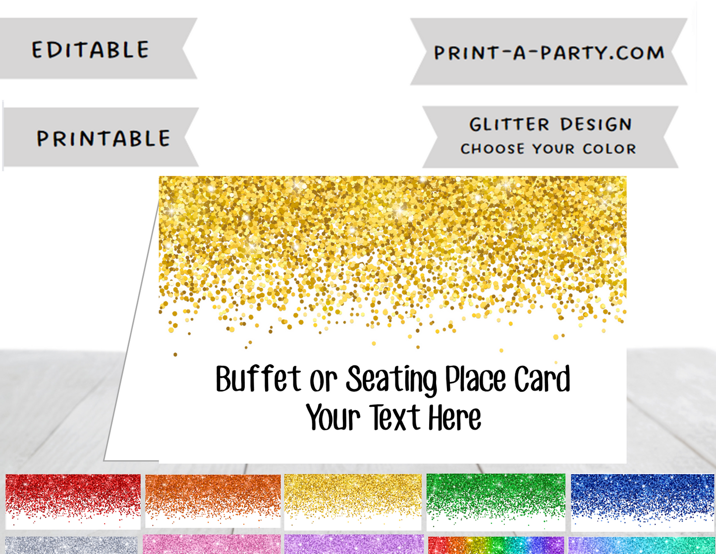 DIY Printable or Editable Buffet Food Label Cards or Seating Place Cards | GLITTER Theme Designs | Place Card Signs | Buffet Labels | Food Labels | Party Labels | Birthdays | Weddings | Showers | Babies