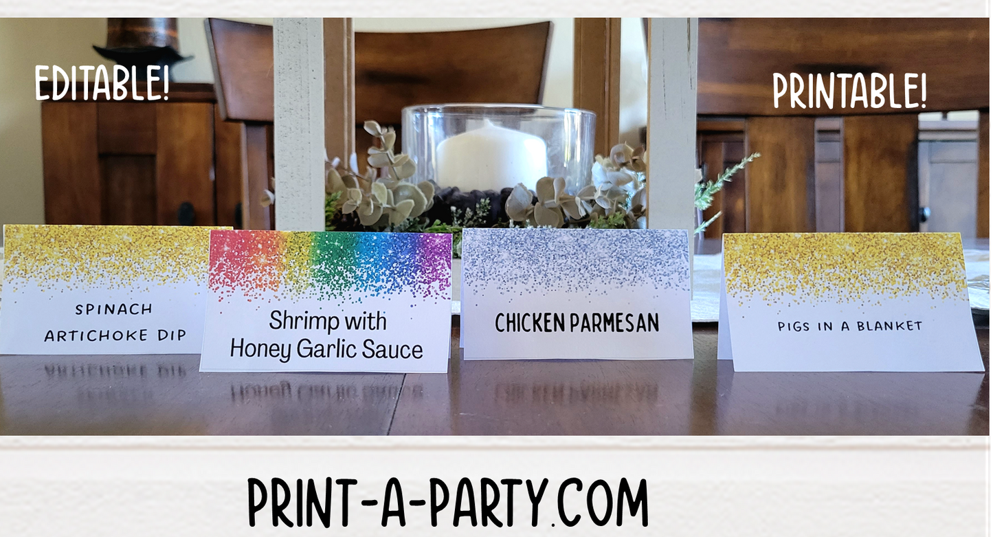 DIY Printable or Editable Buffet Food Label Cards or Seating Place Cards | GLITTER Theme Designs | Place Card Signs | Buffet Labels | Food Labels | Party Labels | Birthdays | Weddings | Showers | Babies