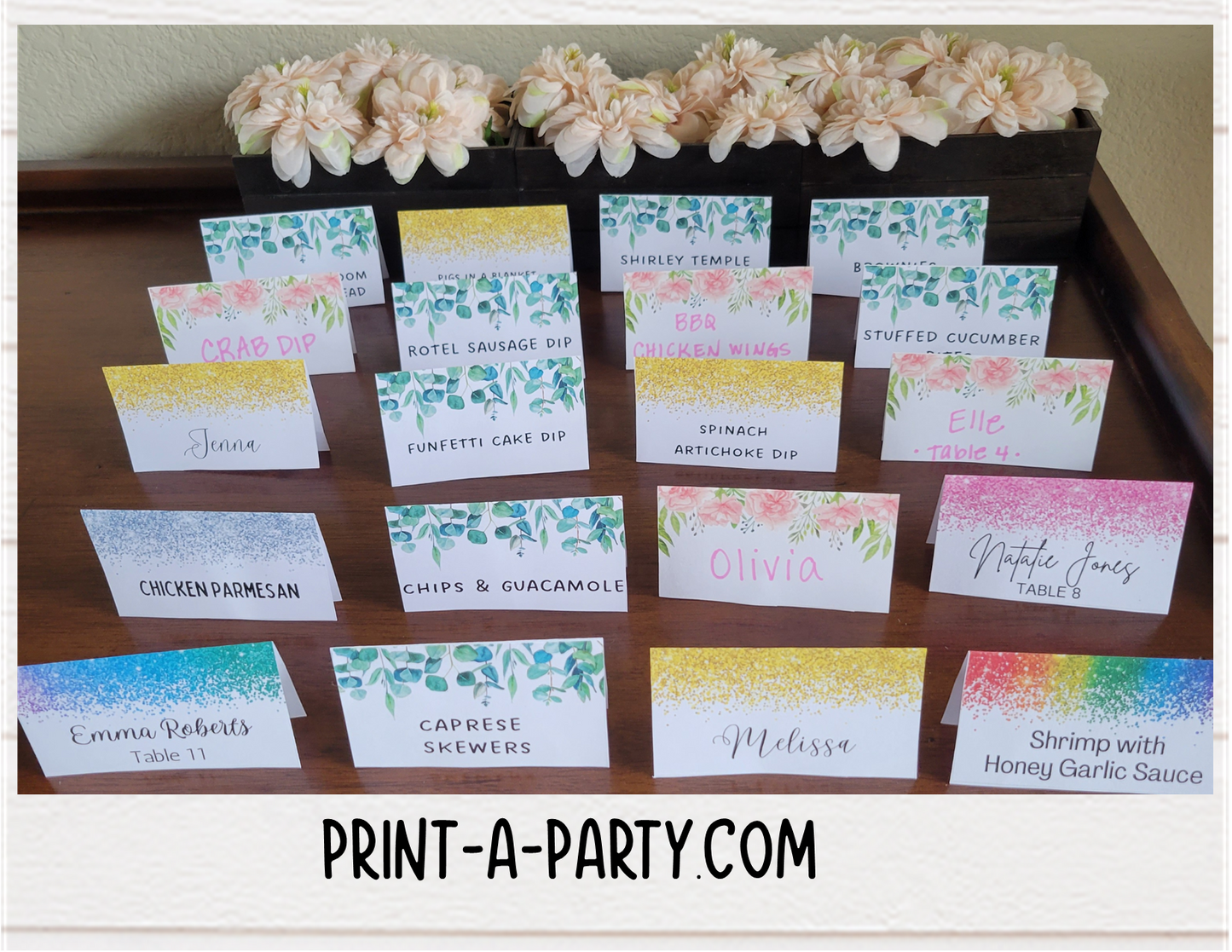DIY Printable or Editable Buffet Food Label Cards or Seating Place Cards | GLITTER Theme Designs | Place Card Signs | Buffet Labels | Food Labels | Party Labels | Birthdays | Weddings | Showers | Babies