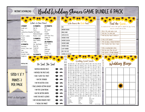 GAME BUNDLE: Bridal Shower Game Bundle 6 Pack | Sunflowers Bridal Theme | INSTANT DOWNLOAD