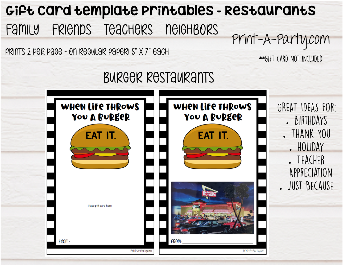 GIFT CARD Templates | Restaurants | Whataburger | Red Lobster | Pasta | Tacos | Coffee | Starbucks and more - INSTANT DOWNLOAD - Use each year!