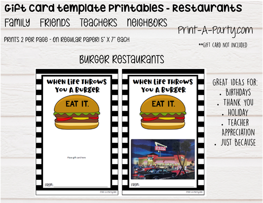 GIFT CARD Templates | Restaurants | Whataburger | Red Lobster | Pasta | Tacos | Coffee | Starbucks and more  - INSTANT DOWNLOAD - Use each year!