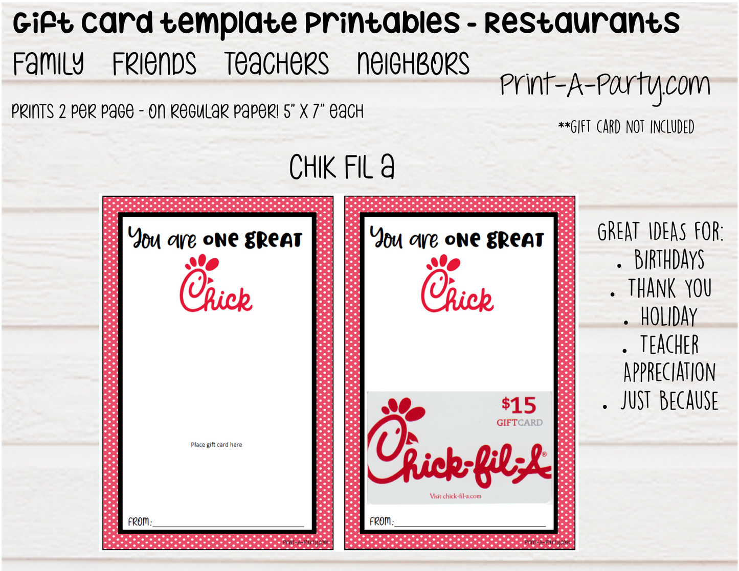 GIFT CARD Templates | Restaurants | Whataburger | Red Lobster | Pasta | Tacos | Coffee | Starbucks and more - INSTANT DOWNLOAD - Use each year!