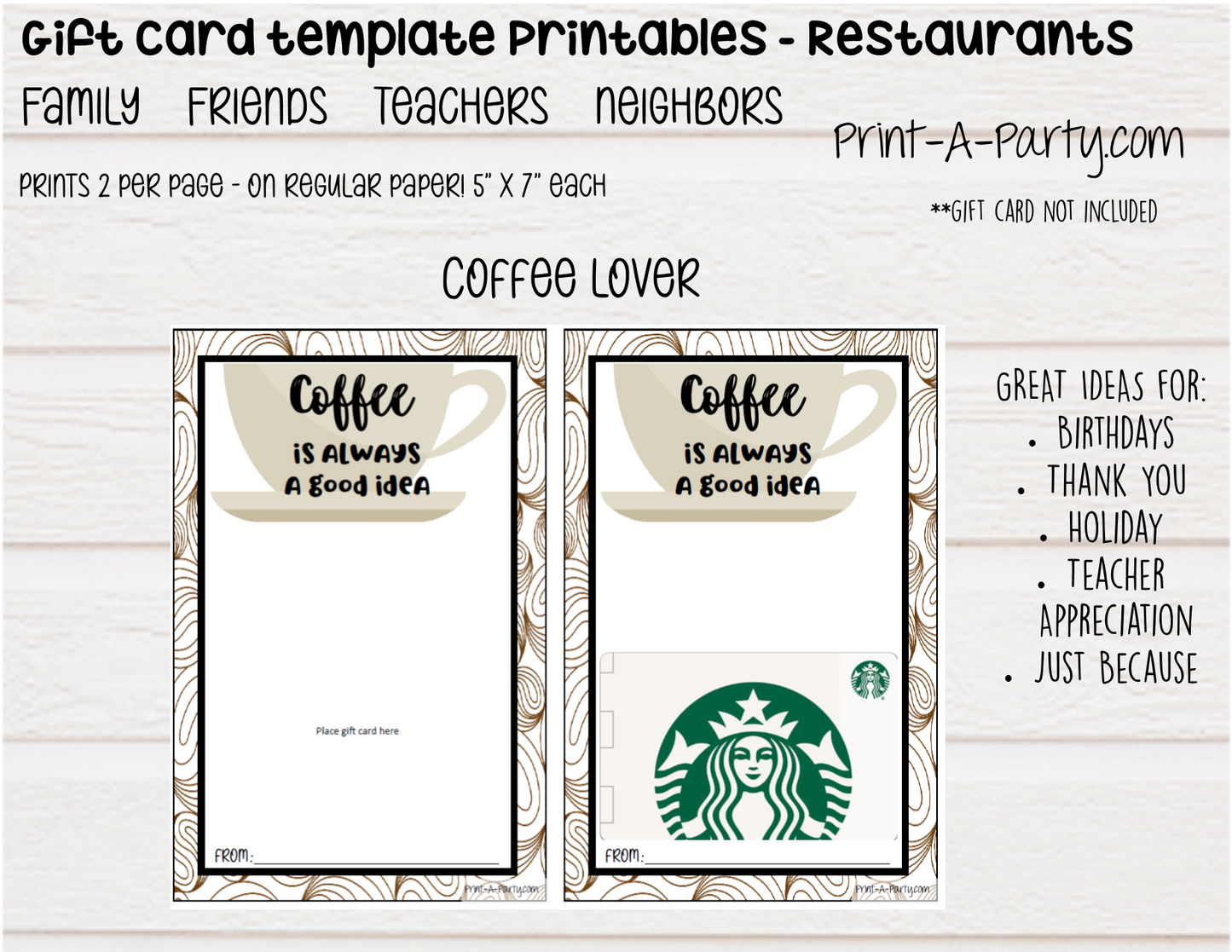 GIFT CARD Templates | Restaurants | Whataburger | Red Lobster | Pasta | Tacos | Coffee | Starbucks and more - INSTANT DOWNLOAD - Use each year!