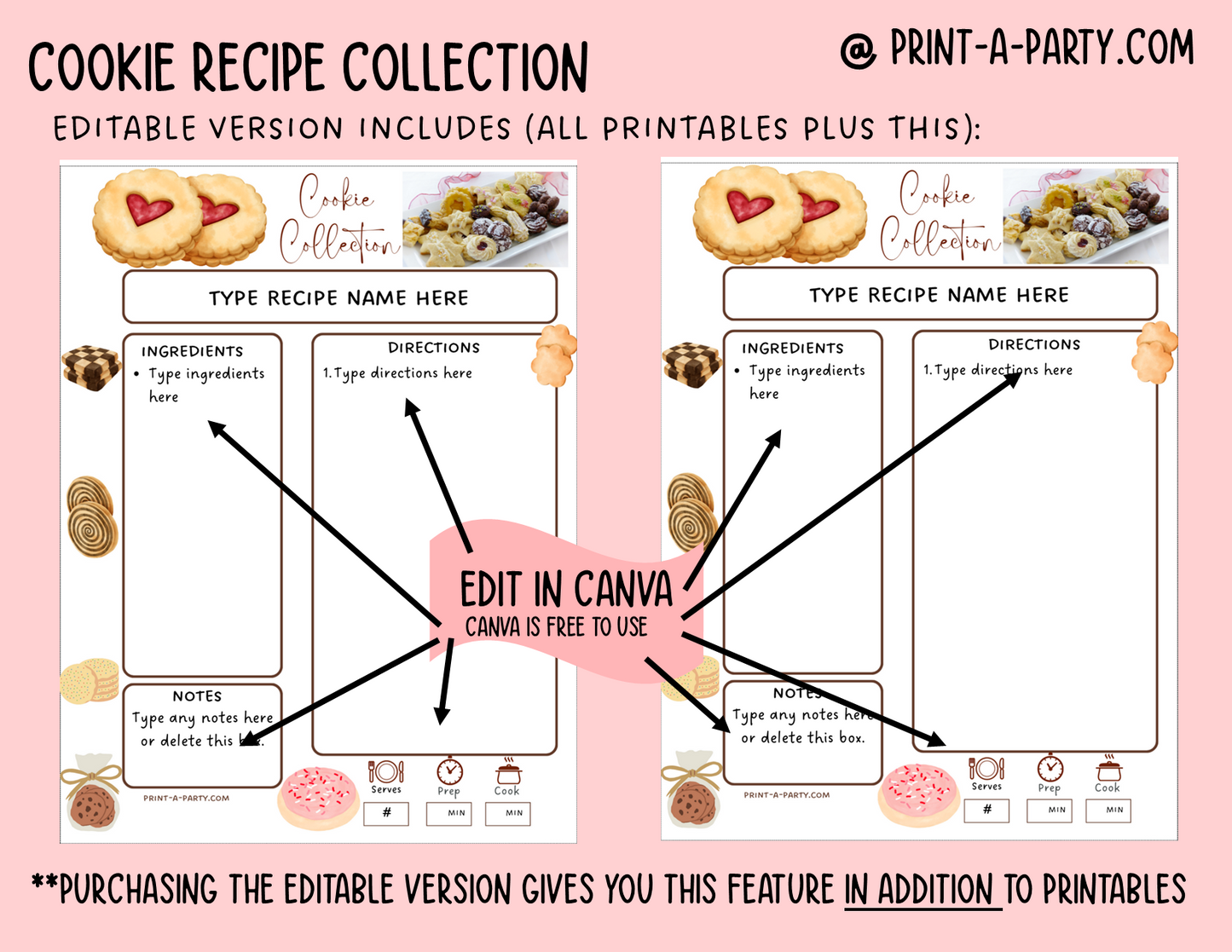 DIY Cookbook | COOKIE Recipe Collection | PRINTABLE OR EDITABLE | Planner and Binder Size | Meal Plan | Planner Recipes | Binder Recipes