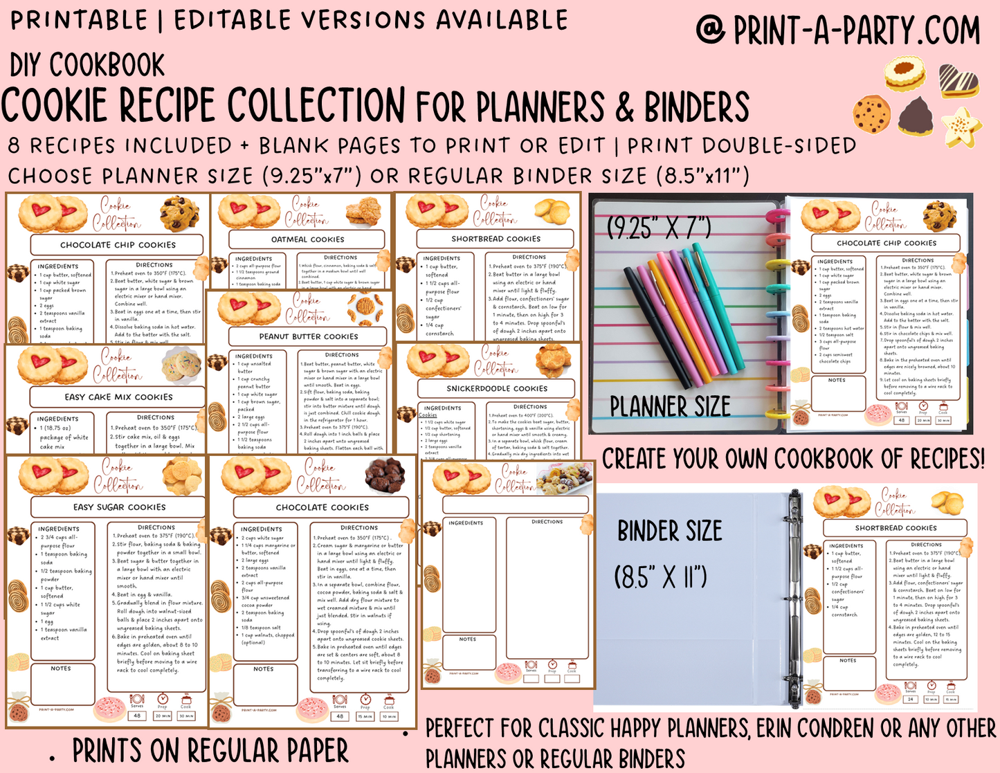 DIY Cookbook | COOKIE Recipe Collection | PRINTABLE OR EDITABLE | Planner and Binder Size | Meal Plan | Planner Recipes | Binder Recipes
