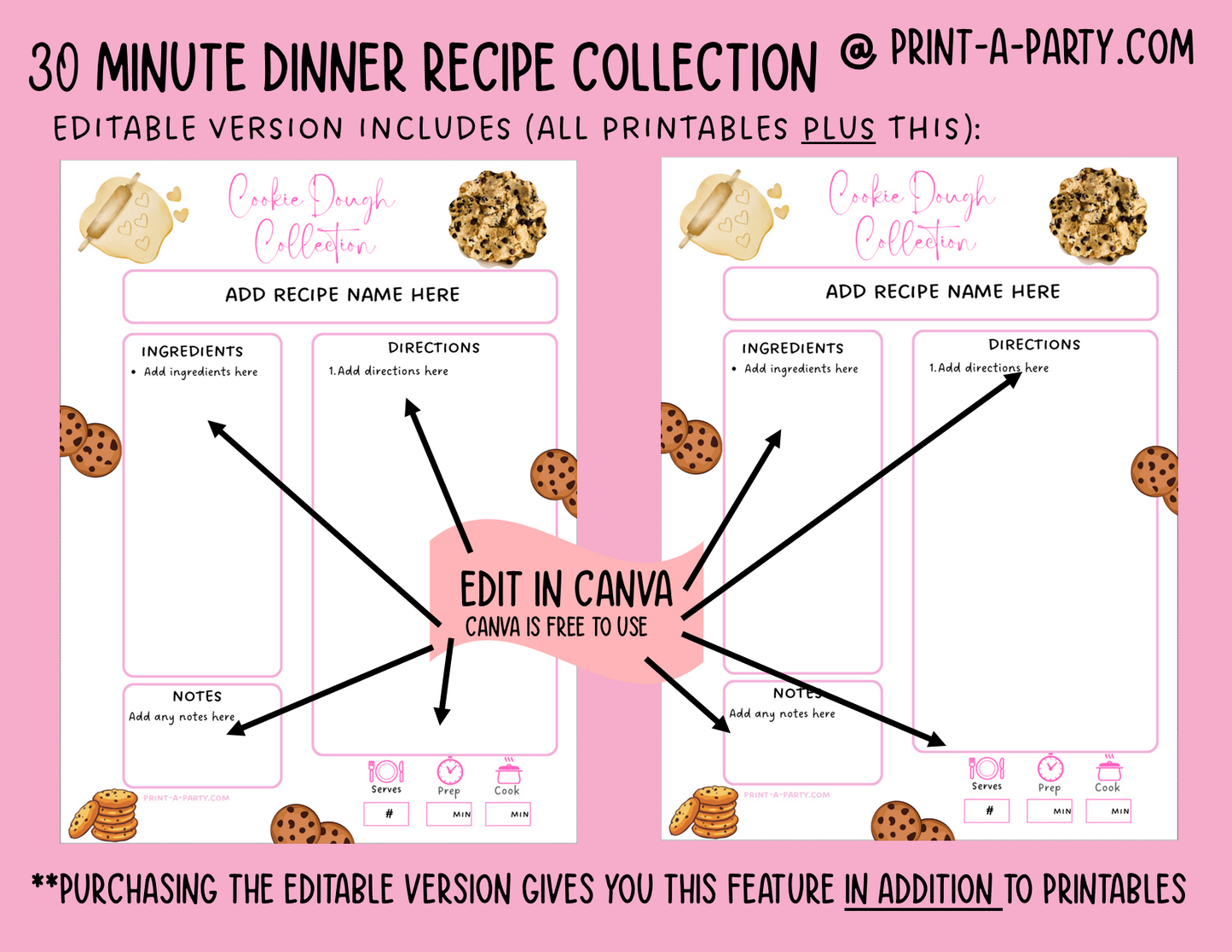 DIY Cookbook | COOKIE DOUGH Recipe Collection | PRINTABLE OR EDITABLE | Planner and Binder Size | Meal Plan | Planner Recipes | Binder Recipes