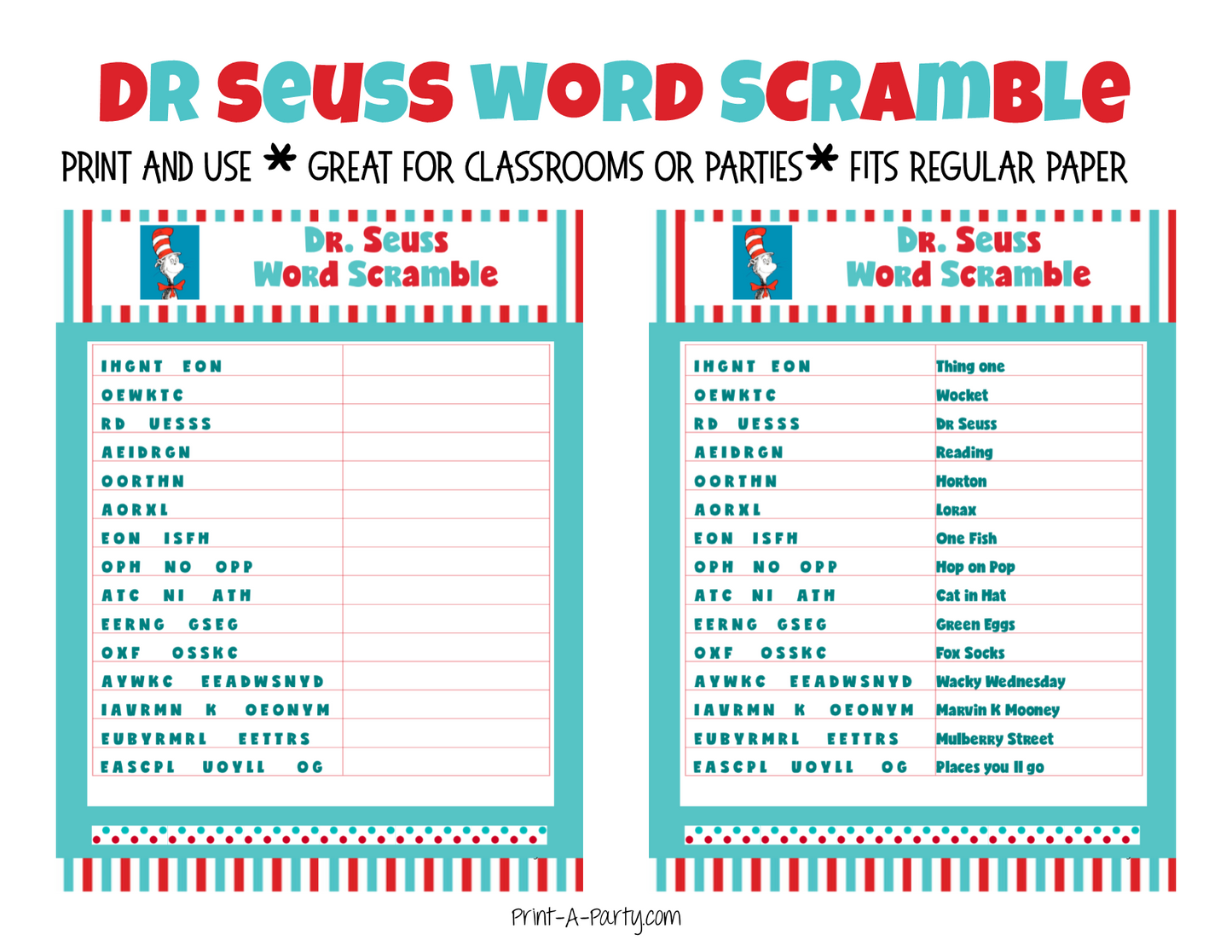 WORD SCRAMBLE: Dr. Seuss | Classrooms | Parties | INSTANT DOWNLOAD