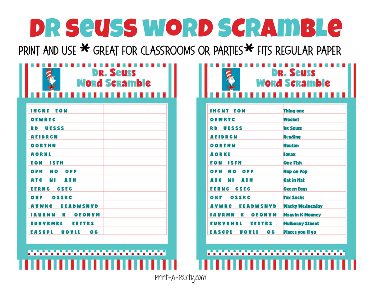 12 Personalized - Unscramble The Word - Baby Shower Game - Dr. Seuss-Party  Games