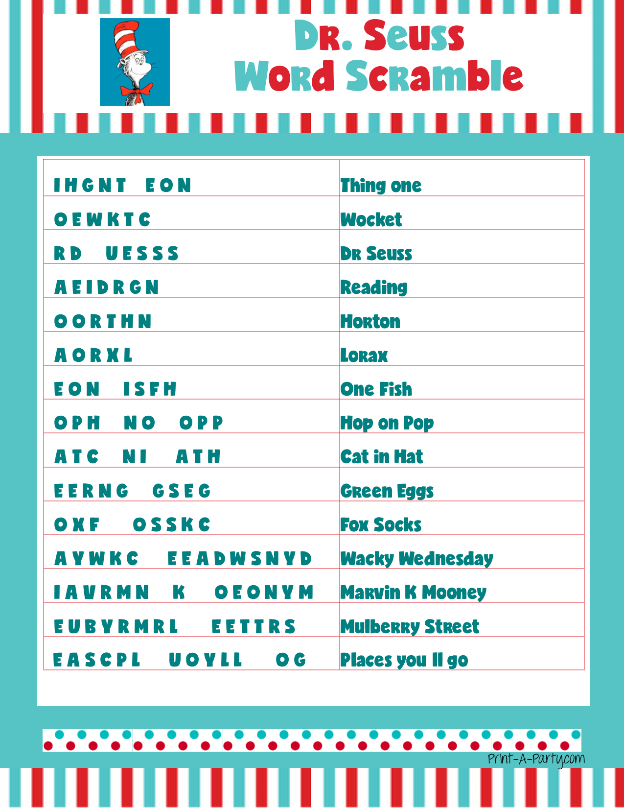 WORD SCRAMBLE: Dr. Seuss | Classrooms | Parties | INSTANT DOWNLOAD