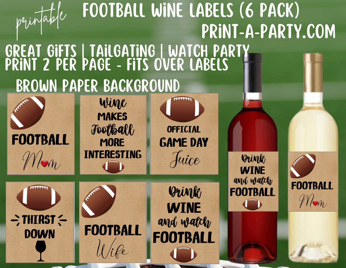 WINE LABELS: Football Wine | Football Mom | Football Wine | Football Humor Wine Labels (6) - INSTANT DOWNLOAD - Pick your design