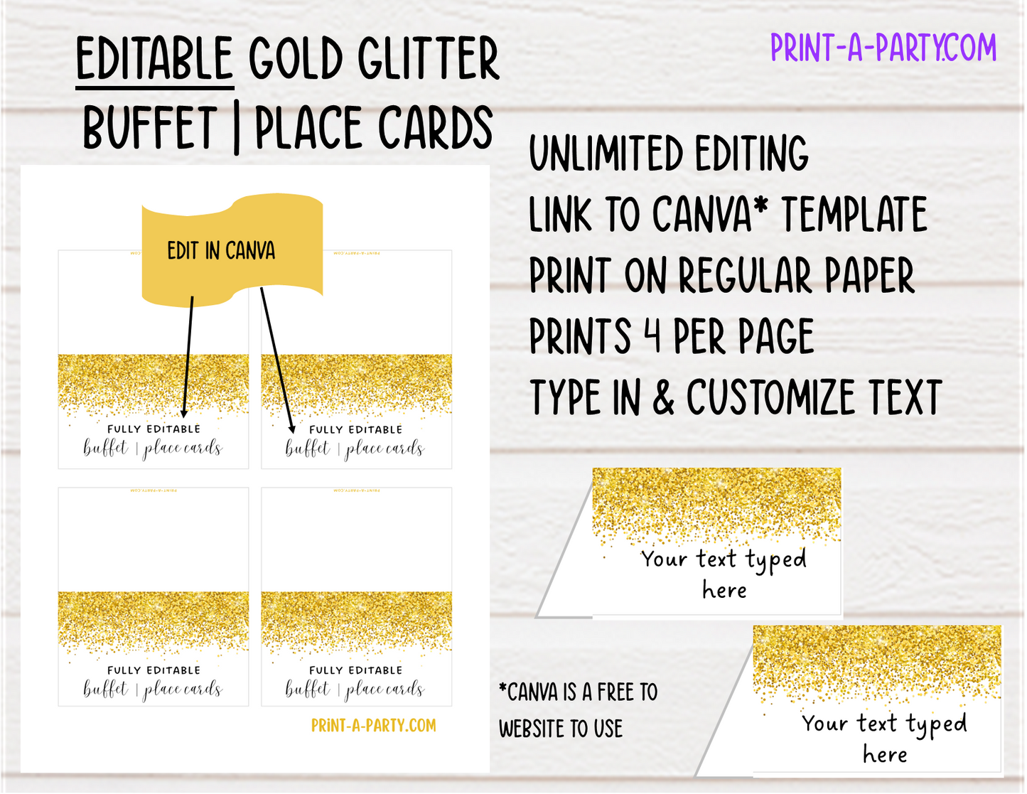 DIY Printable or Editable Buffet Food Label Cards or Seating Place Cards | GLITTER Theme Designs | Place Card Signs | Buffet Labels | Food Labels | Party Labels | Birthdays | Weddings | Showers | Babies