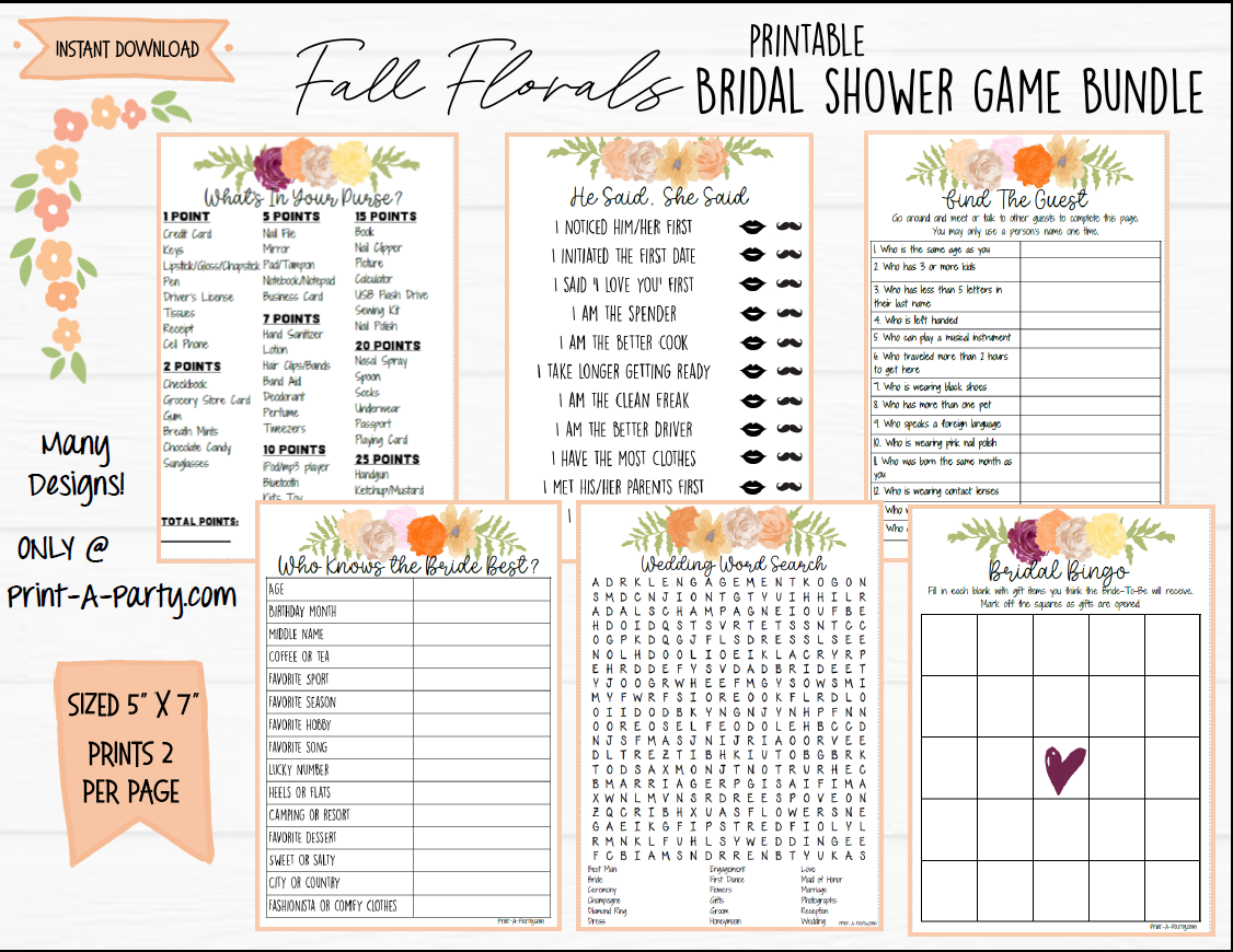 Fall Florals Bridal Shower Games Bundle 6 Pack - Bingo Word Search & More –  PrintAParty