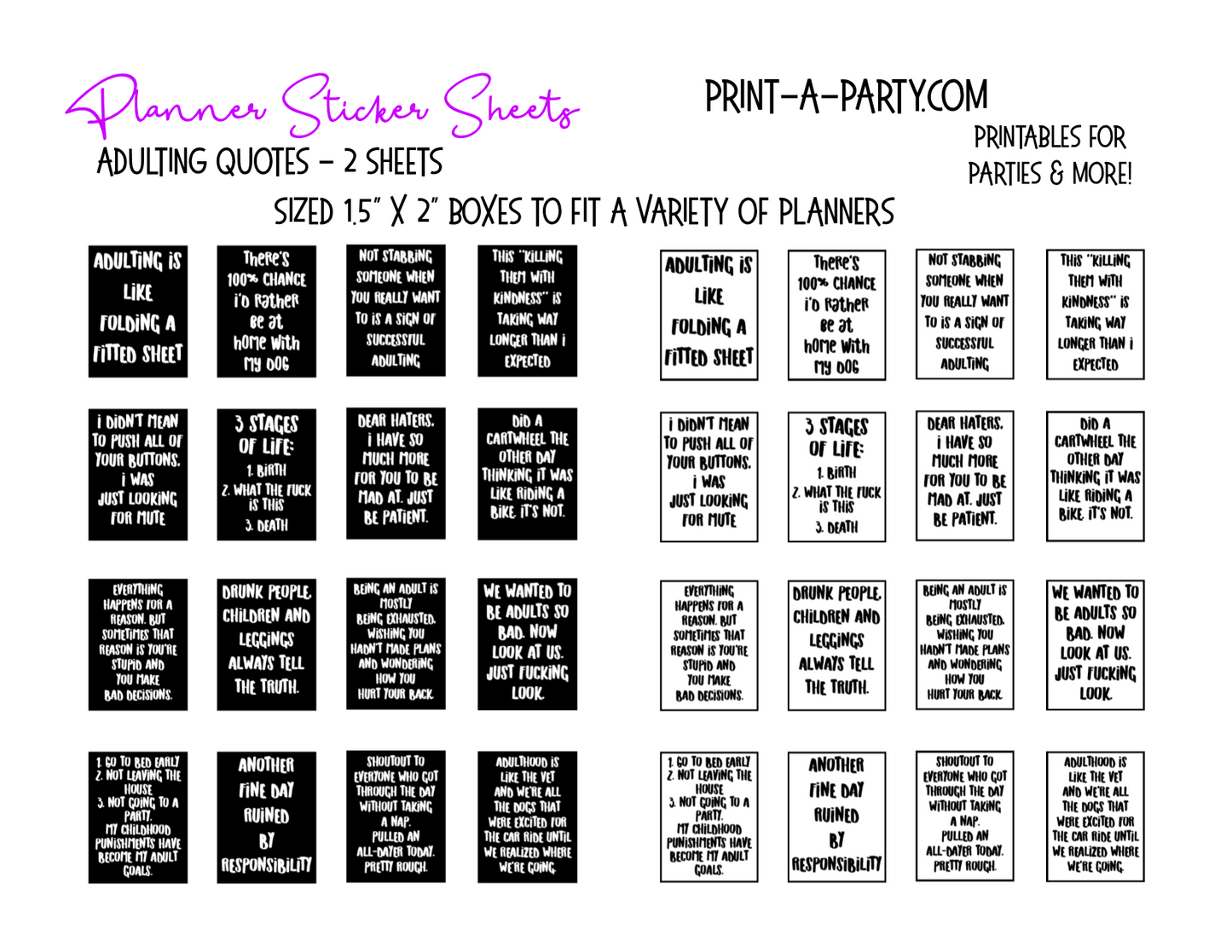 PLANNER STICKERS: Funny Adulting Quotes | Boxes INSTANT DOWNLOAD | Fits a variety of planners! Erin Condren, Happy Planner and more