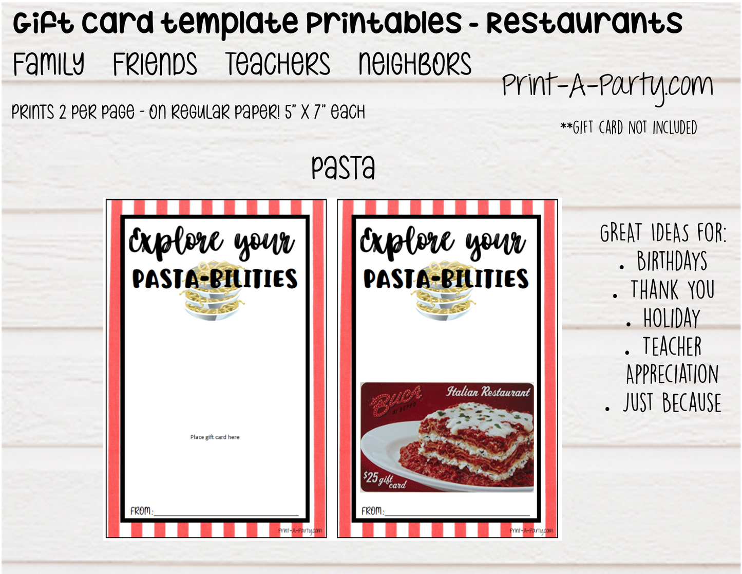GIFT CARD Templates | Restaurants | Whataburger | Red Lobster | Pasta | Tacos | Coffee | Starbucks and more - INSTANT DOWNLOAD - Use each year!