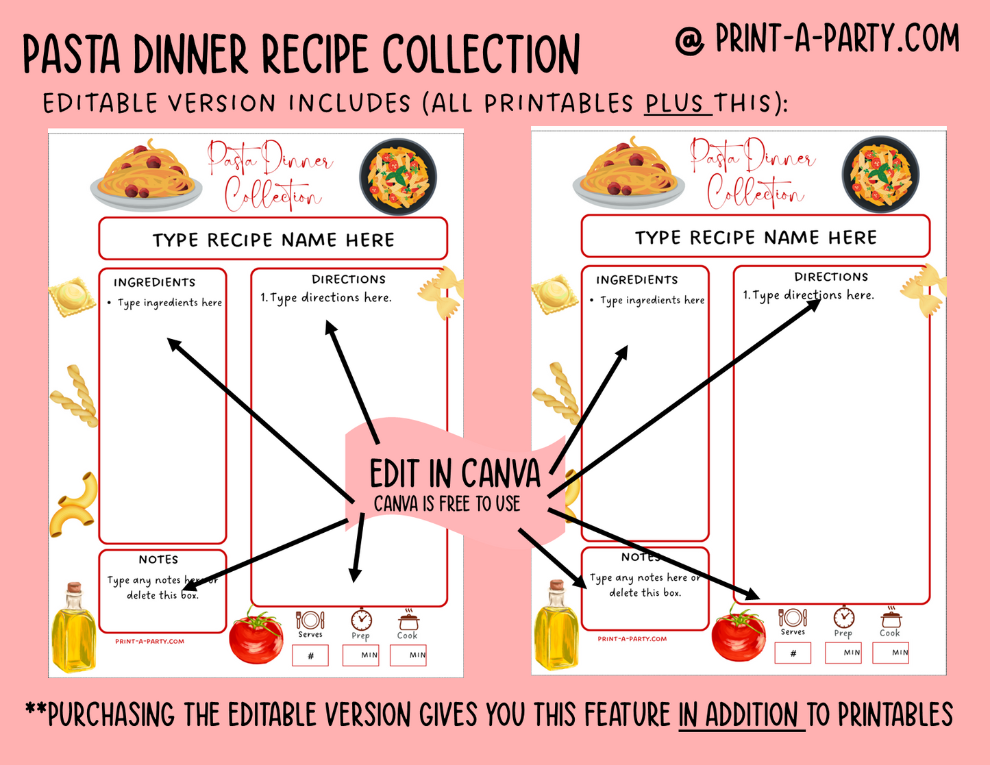DIY Cookbook | PASTA Dinner Recipe Collection | PRINTABLE OR EDITABLE | Planner and Binder Size | Meal Plan | Planner Recipes | Binder Recipes