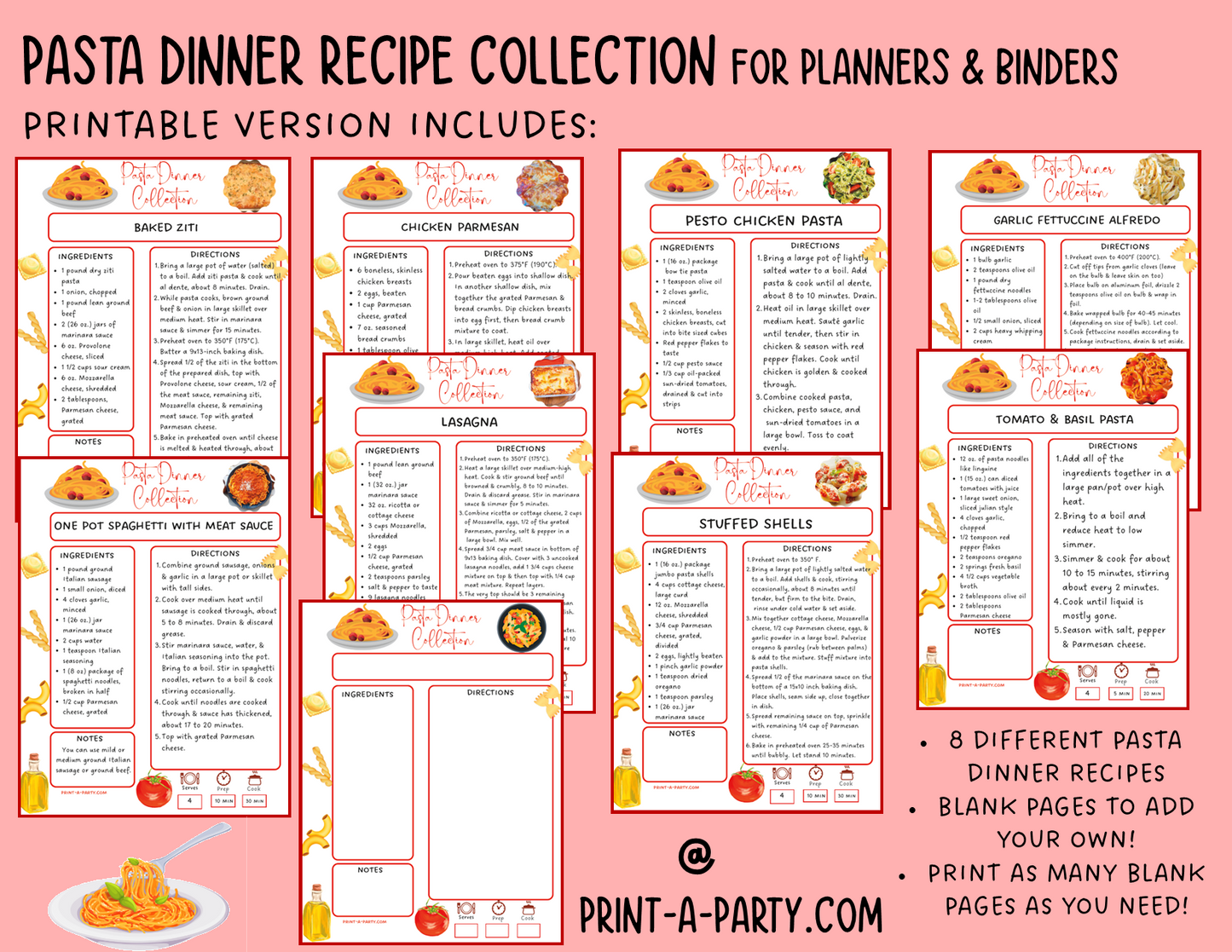 DIY Cookbook | PASTA Dinner Recipe Collection | PRINTABLE OR EDITABLE | Planner and Binder Size | Meal Plan | Planner Recipes | Binder Recipes